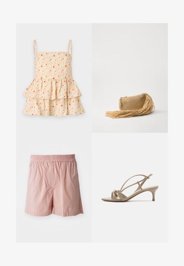 Helmstedt ELLIE - Blouse - cornflower; Shorts rose clair avec des rayures verticales rouges et blanches. Taille élastique ; coupe décontractée ; texture lisse avec un minimum de détails.; Sandales à talons en cuir verni beige avec des brides entrecroisées, un bout ouvert et un talon fin de hauteur moyenne avec une semelle marron clair.; Cult Gaia VIERA - Pochette - natural