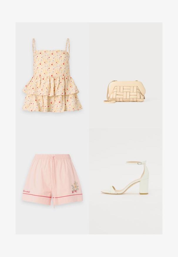 Helmstedt ELLIE - Bluse - cornflower; Rosa Baumwollshorts mit einem elastischen Bund, roten Paspeln und floraler Stickerei mit Erdbeeren. Inklusive Zugband zur Anpassung.; Weißes Leder-Sandale mit Blockabsatz, die ein Knöchelriemen mit einer Schnalle und ein minimalistisches Design aufweist. Offene Zehen und glatte Texturen im gesamten Design.; Gewebte beige Handtasche mit strukturiertem Design, ausgestattet mit einer glatten Oberseite und einem langen Tragegurt. Texturierte Details verbessern das Gesamtbild.