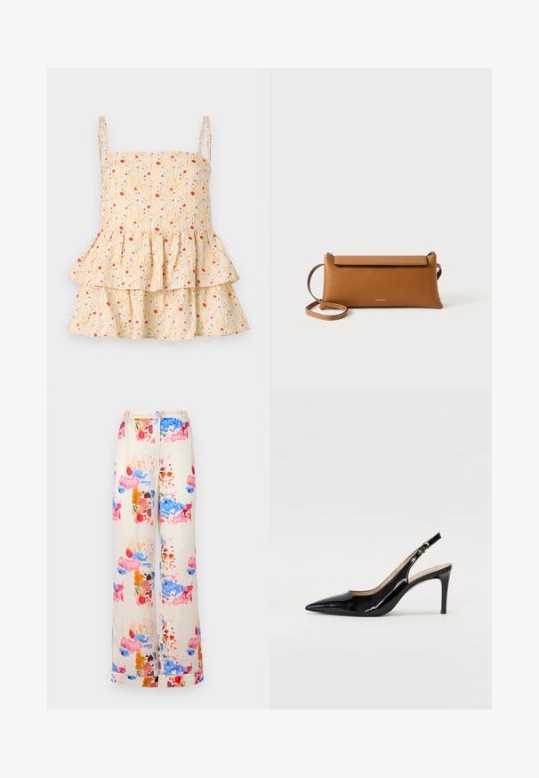 Helmstedt ELLIE - Blouse - cornflower; Wijdvallende broeken van een crèmekleurige stof met een kleurrijk aquarelpatroon in roze, blauw en oranje accenten. Lichtgewicht en ademend.; Zwarte gepatineerde leren slingback pump met een puntige neus, slanke hak en een subtiel uitgesneden ontwerp. Bevat een gouden gesp op de band.; Bruine lederen clutch, rechthoekige vorm, gestructureerd oppervlak, afneembare schouderband, ritsluiting, subtiel logo op de voorkant geperst.