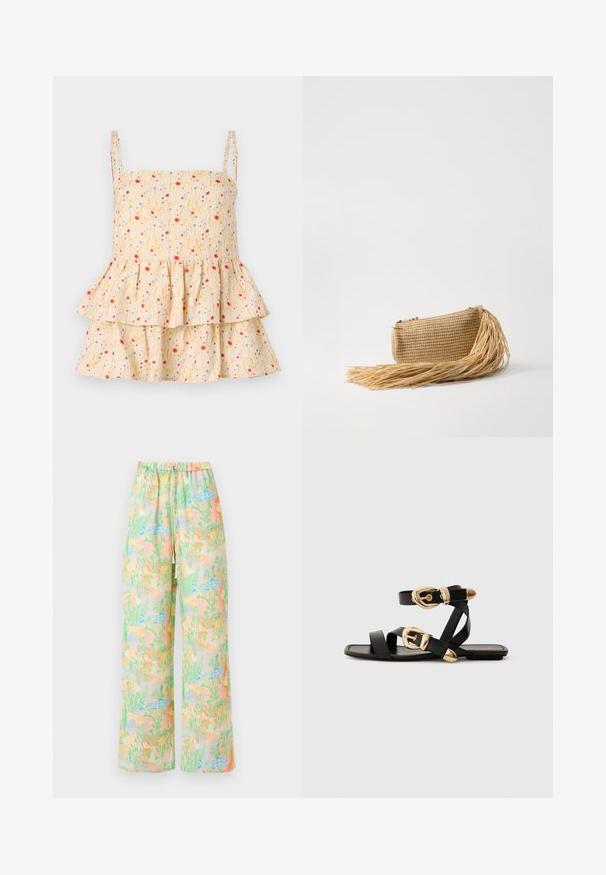 Helmstedt ELLIE - Blusa - cornflower; Pantalones de pierna ancha en tela ligera con un patrón pastel de peces y plantas. Cintura elástica con un detalle de cordón.; Sandalias de cuero negro con acentos de hebillas doradas, que cuentan con múltiples correas y un diseño de suela plana para usar con los dedos al aire.; Cult Gaia VIERA - Clutch - natural