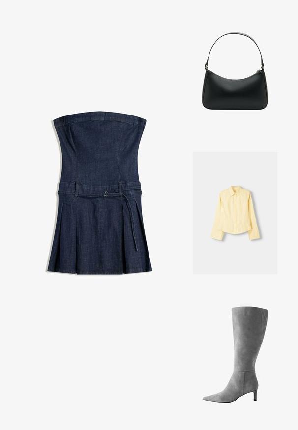 Žltá pruhovaná košeľa s dlhými rukávmi, špicatým golierom a predným zapínaním na gombíky. Obsahuje vertikálne modré pruhy a prispôsobený strih.; Džínové šaty bez ramienok s priliehavým živôtikom, rozšírenou sukňou a opaskom na viazanie. Majú tmavomodrú farbu a hladký, textúrovaný povrch.; Šedá nubuková čižma do kolien s špicatou špičkou, úzkym podpätkom a hladkou textúrou. Vyznačuje sa bezšvovým dizajnom a vertikálnym prešívaním.; Čierna kožená taška na rameno s zakriveným tvarom, jedným plochým popruhom a horným zipsom. Hladká textura s minimálnymi kovovými detailmi.