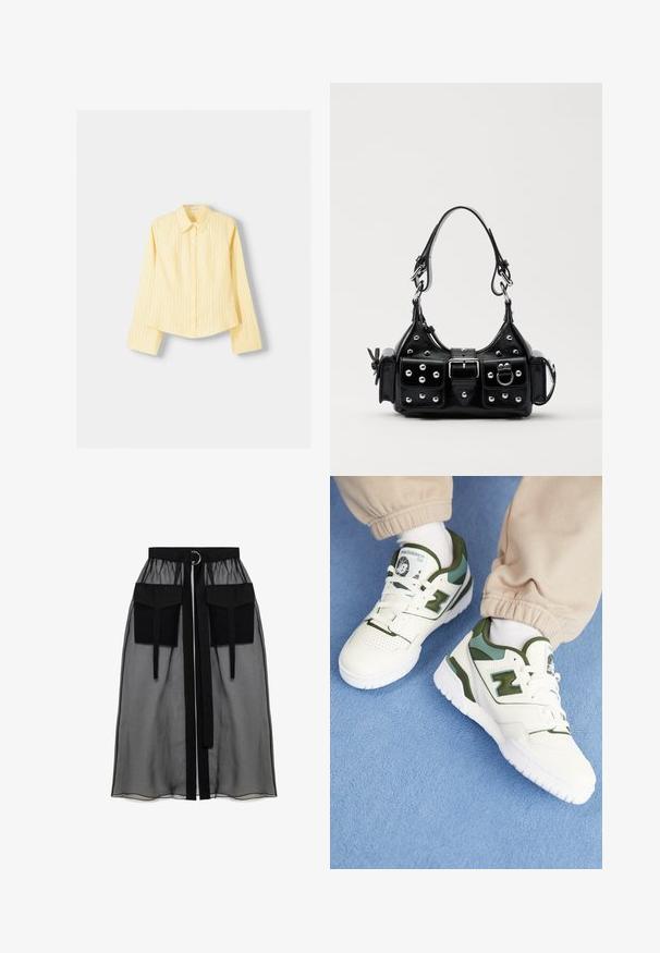 Geel gestreept overhemd met lange mouwen, puntige kraag en knoopsluiting aan de voorkant. Beschikt over verticale blauwe strepen en een getailleerde pasvorm.; Zwarte doorschijnende rok met een verzameld tailleband, voorzien van twee grote voorzakken, een tailleband met strik en een ronde metalen accent.; Witte sneakers met groene accenten, bovenwerk van getextureerd leer, geperforeerde neus en een dikke witte zool. Heeft het New Balance-logo op de tong.; Zwarte lederen handtas met een gebogen ontwerp, voorzien van zilveren studs, een gesp en twee zijvakken. Verstelbare schouderband voor verschillende draagmogelijkheden.