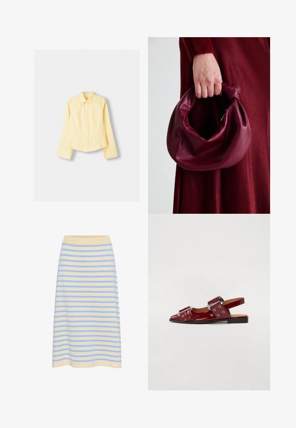 Cămașă galbenă cu dungi, cu mâneci lungi, guler ascuțit și închidere cu butoane în față. Prezintă dungi verticale albastre și un croi adaptat.; Fustă midi cu dungi din bumbac moale, cu un fundație galben deschis și dungi orizontale albastre. Dispune de un tiv elastic cu benzi dintate.; Pantofi slingback din piele laică burgundy, cu vârf ascuțit, prezentând două curele reglabile cu catarame și accente din metal argintiu.; Geantă de mână din piele burgundă, cu un design moale și pliat și o formă rotundă. Mânerele sunt securizate, evidențiind o textură netedă.