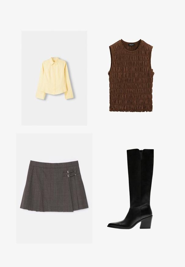Gelb gestreifter Hemd mit langen Ärmeln, spitzem Kragen und vorderer Knopfverschluss. Hat vertikale blaue Streifen und eine taillierte Passform.; Braun ärmelloses Oberteil aus gerafftem Stoff. Es hat einen runden Ausschnitt und eine strukturierte Oberfläche, mit einem leicht elastischen Saum.; The Kooples JUPE - Minirock - brown; Schwarze kniehohe Stiefel aus glattem Leder, mit spitzem Schuhbund, einem Blockabsatz und einem V-förmigen Ausschnitt an der Oberseite.
