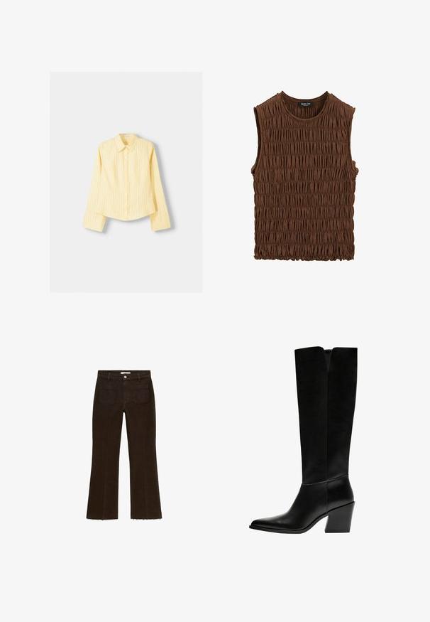 Gelb gestreifter Hemd mit langen Ärmeln, spitzem Kragen und vorderer Knopfverschluss. Hat vertikale blaue Streifen und eine taillierte Passform.; Braun ärmelloses Oberteil aus gerafftem Stoff. Es hat einen runden Ausschnitt und eine strukturierte Oberfläche, mit einem leicht elastischen Saum.; Braune ausgestellte Jeans mit hoher Taille, Knopfverschluss, zwei Gesäßtaschen und ausgefranstem Saum. Aus Denimstoff gefertigt.; Schwarze kniehohe Stiefel aus glattem Leder, mit spitzem Schuhbund, einem Blockabsatz und einem V-förmigen Ausschnitt an der Oberseite.