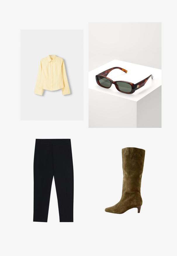 Žlutá pruhovaná košile s dlouhými rukávy, špičatým límečkem a předním zapínáním na knoflíky. Má vertikální modré pruhy a přizpůsobený střih.; Černé legíny vyrobené z elastického materiálu, s elastickým pasem a hladkou strukturou. Bez viditelných vzorů nebo kovových detailů.; Next FOREVER COMFORT KNEE HIGH HEELED - Vysoká obuv - olive; Želvovina obdélníkové sluneční brýle se zelenými skly. Široký rám, hladký povrch, zlatý akcent po straně a štíhlé nožičky.; Hnědá kožená kabelka hobo s volným designem a hladkým povrchem. Nositelná neformálně modelem, s velkým otvorem a zaobleným tvarem.