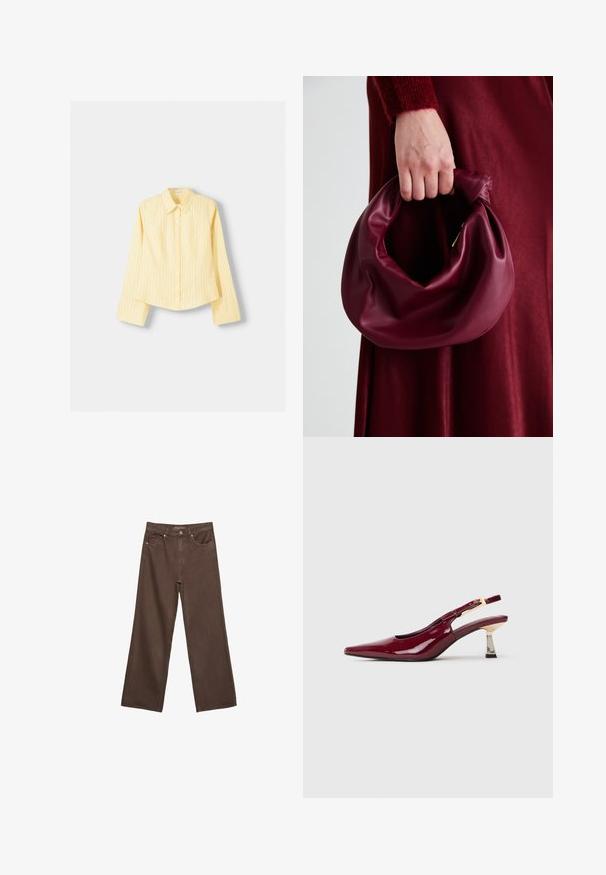 Žltá pruhovaná košeľa s dlhými rukávmi, špicatým golierom a predným zapínaním na gombíky. Obsahuje vertikálne modré pruhy a prispôsobený strih.; Džínsy s širokými nohavicami v hnedej farbe, vyrobené z denimu, so zvýšeným pásom, prednými vreckami a klasickým zapínaním na gombík. Hladká textúra s jemným prešívaním.; Lesklé vínové lodičky so špicatou špičkou a kovovou sponou v zlatom odtieňi, s blokovým podpätkom strednej výšky, na bielom pozadí.; Burgundská kožená kabelka s mäkkým, zhromaždeným dizajnom a zaobleným tvarom. Rukoväť je pevne zaisťujúca a vystavuje hladkú textúru.