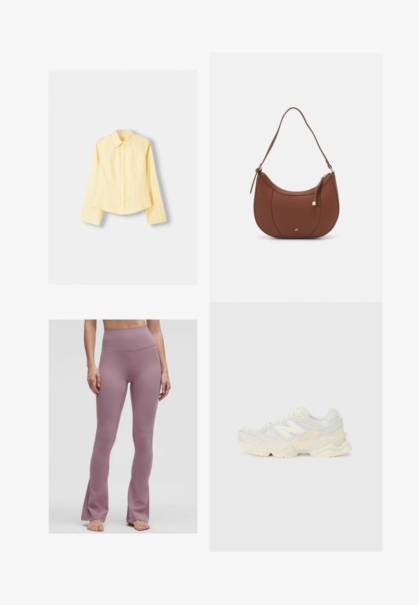 Keltainen raidallinen paita, jossa on pitkät hihat, terävä kaulus ja edessä nappikiinnitys. Sisältää pystysuoria sinisiä raitoja ja muotoiltua istuvuutta.; Korkeavyötäröiset levenevät leggingsit pölyruusuisena, valmistettu sileästä, joustavasta kankaasta, jossa on siistit saumat ja ei näkyvää metalliosaa.; Kevyt lenkkari, jossa on verkko- ja mokkanahkapinta pehmeissä kerman sävyissä, chunky-pohja ja kolmiulotteiset yksityiskohdat.; Ruskea keinonahkainen olkalaukku, jossa on kaareva muoto, minimaalinen ompelu ja kultasävyinen varuste. Varustettu ylhäältä avautuvalla vetoketjullisella suljennalla ja säädettävällä hihnalla.
