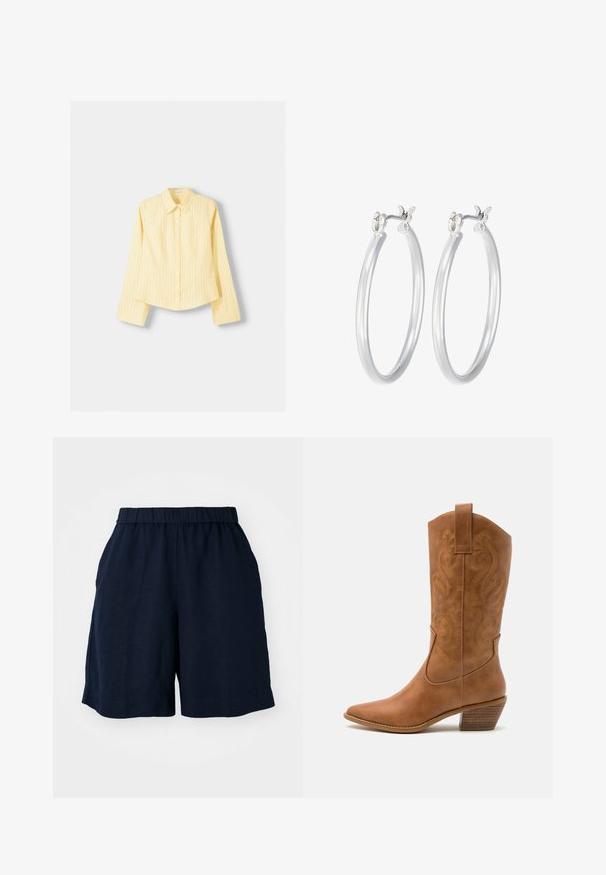 Gelb gestreifter Hemd mit langen Ärmeln, spitzem Kragen und vorderer Knopfverschluss. Hat vertikale blaue Streifen und eine taillierte Passform.; Marineblaue Shorts mit elastischem Bund, hergestellt aus leichtem Material. Verfügt über eine lockere Passform und seitliche Taschen für Funktionalität.; Braune Leder-Cowboy-Stiefel mit spitzem Zehenbereich, bestickten Wirbelmustern am Schaft und einem gestapelten Blockabsatz. Verfügt über einen Ziehriemen für das einfache Anziehen.; Silberne Creolen mit einer glatten, polierten Oberfläche. Runder Form und sicherem Klickverschluss. Leichtes Design, geeignet für den täglichen Gebrauch.