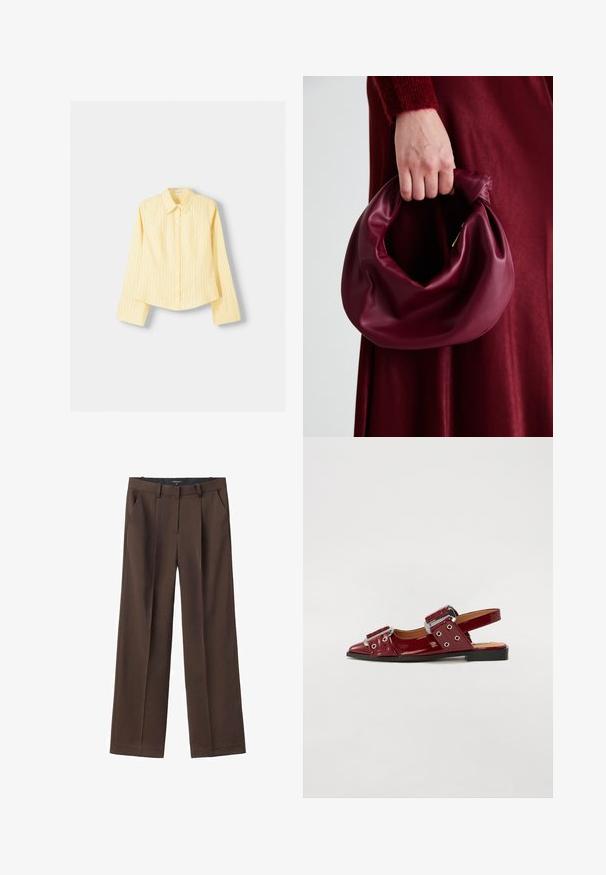 Żółta koszula w paski z długimi rękawami, z ostrym kołnierzykiem i zapięciem na guziki z przodu. Posiada pionowe niebieskie paski i dopasowany krój.; Brązowe spodnie o szerokich nogawkach, z fałdami z przodu, paskami i bocznymi kieszeniami. Wykonane z gładkiego materiału o dopasowanym kroju.; Burgundowe lakierowane buty na obcasie z noskiem w szpic, z dwoma regulowanymi paskami z klamrami i srebrnymi akcentami.; Bordowa skórzana torebka o miękkim, marszczonym wyglądzie i zaokrąglonym kształcie. Uchwyt jest zabezpieczony, co podkreśla gładką fakturę.