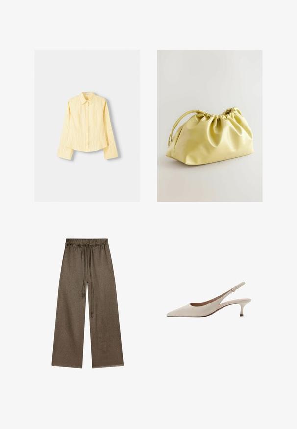 Keltainen raidallinen paita, jossa on pitkät hihat, terävä kaulus ja edessä nappikiinnitys. Sisältää pystysuoria sinisiä raitoja ja muotoiltua istuvuutta.; Vapaat lahkeet oliivinvihreästä, pehmeästä ja teksturoidusta kankaasta. Varustettu joustavalla vyötärönauhalla, jossa on nauha ja sivutaskut.; Beige avokkaat, joissa on terävä kärki ja matala, löysä kanta. Valmistettu sileästä nahasta, minimalistisella suunnittelulla ja säädettävällä hihnalla.; Next Pikkulaukku - yellow
