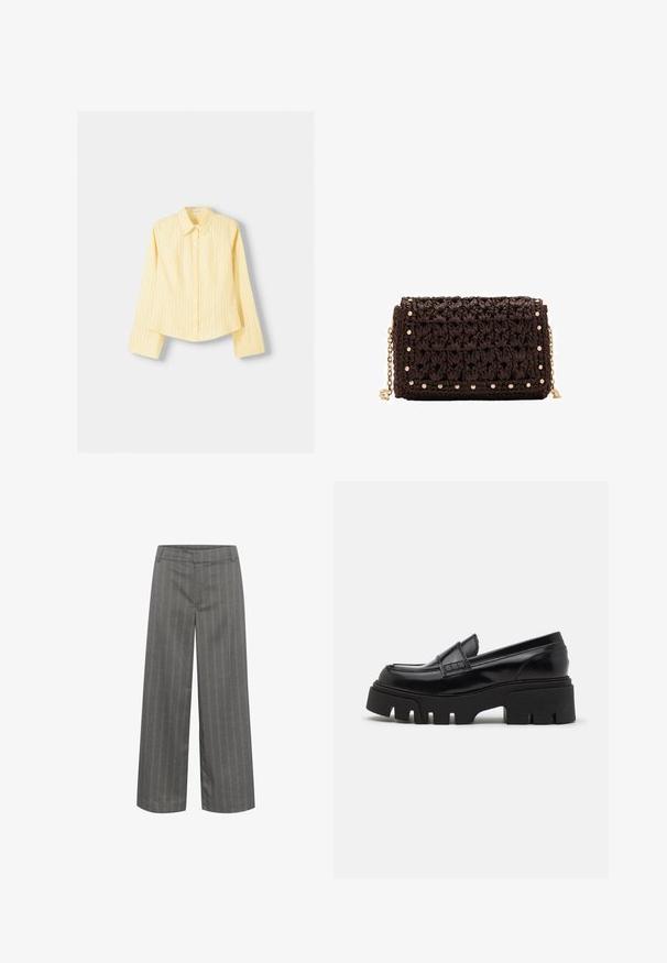 Yellow striped shirt with long sleeves, pointed collar, and front button closure. Features vertical blue stripes and a tailored fit.; Gray wide-leg trousers with vertical white pinstripes, made from smooth fabric, featuring a flat waistband and front pockets.; Black leather loafers with a chunky textured platform sole and a decorative strap across the upper. Smooth, glossy finish.; Brown woven clutch bag with a textured finish, gold-tone hardware, and decorative studs along the edges. Features a chain strap.