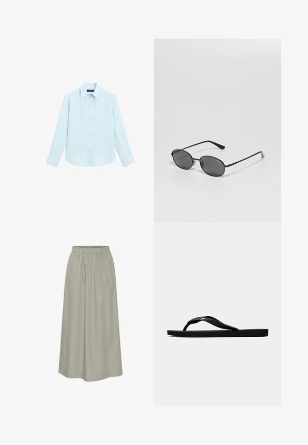 Lyseblå langærmet skjorte med en blød tekstur, knaplukning foran og traditionel krave. Har knapmansjetter og en afrundet kant.; Lys grøn, knælang nederdel lavet af blødt stof med elastisk talje, der har et samlet design og diskrete syninger.; Sorte gummiflip-flopsandaler med en tekstureret rem og simpel flad sål, vist fra siden på en lys ensfarvet baggrund.; Sorte ovale solbriller med mørke linser, tynd metalramme og lige stænger. Har brandlogo på den indre arm og næsepuder.; Sort læderhandbag med en struktureret rektangulær form. Har et gyldent ovalt lås og en tynd skulderrem. Glat tekstur.