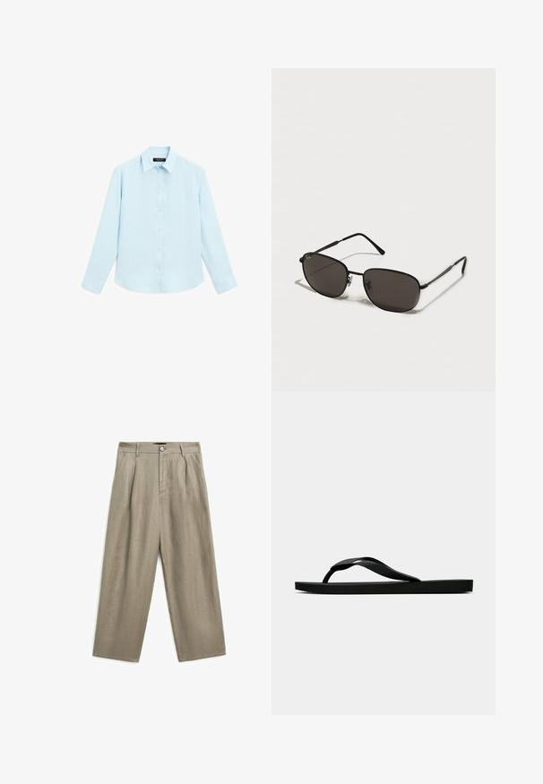 Hellblauses Langarmhemd mit weicher Textur, Knopfleiste und traditionellem Kragen. Verfügt über geknöpfte Manschetten und einen abgerundeten Saum.; Khakifarbene Leinenhose mit lockerer Passform, ausgestattet mit einem Frontknopfverschluss und gefalteter Gestaltung. Kurze, gerade Beine und glatte Textur.; Schwarze Gummi-Flip-Flop-Sandale mit einem strukturierten Riemen und einfacher flacher Sohle, von der Seite auf einem schlichten hellen Hintergrund dargestellt.; Schwarze Metal-Sonnenbrille mit ovalen Rahmen, dunklen Gläsern, schlanken Bügeln und einem dezenten Logo auf dem linken Glas. Elegantes, minimalistisches Design.; Schwarze Lederhandtasche mit strukturierter rechteckiger Form. Verfügt über einen goldenen ovalen Verschluss und einen dünnen Schulterriemen. Glatte Textur.