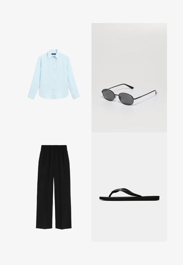Lyseblå langærmet skjorte med en blød tekstur, knaplukning foran og traditionel krave. Har knapmansjetter og en afrundet kant.; Marks & Spencer WIDE LEG - Bukser - black; Sorte gummiflip-flopsandaler med en tekstureret rem og simpel flad sål, vist fra siden på en lys ensfarvet baggrund.; Sorte ovale solbriller med mørke linser, tynd metalramme og lige stænger. Har brandlogo på den indre arm og næsepuder.; Sort læderhandbag med en struktureret rektangulær form. Har et gyldent ovalt lås og en tynd skulderrem. Glat tekstur.