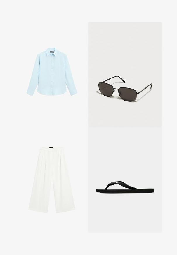 Lyseblå langærmet skjorte med en blød tekstur, knaplukning foran og traditionel krave. Har knapmansjetter og en afrundet kant.; Bredde bukser i hvidt stof med frontfolder, flad talje og en afslappet pasform. Glat tekstur og ingen synlige mønstre.; Sorte gummiflip-flopsandaler med en tekstureret rem og simpel flad sål, vist fra siden på en lys ensfarvet baggrund.; Sorte metal solbriller med ovale rammer, mørke linser, slanke stik og et subtilt logo på den venstre linse. Elegant, minimalistisk design.; Sort læderhandbag med en struktureret rektangulær form. Har et gyldent ovalt lås og en tynd skulderrem. Glat tekstur.