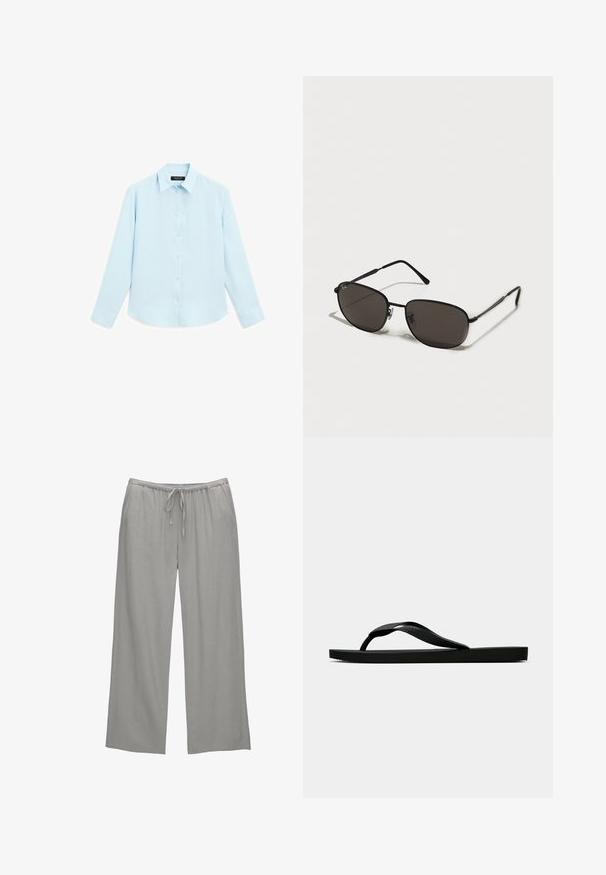 Lyseblå langærmet skjorte med en blød tekstur, knaplukning foran og traditionel krave. Har knapmansjetter og en afrundet kant.; Lys grå vide bukser lavet af blødt stof, med en elastisk talje og snoretræk, samt sidelommer.; Sorte gummiflip-flopsandaler med en tekstureret rem og simpel flad sål, vist fra siden på en lys ensfarvet baggrund.; Sorte metal solbriller med ovale rammer, mørke linser, slanke stik og et subtilt logo på den venstre linse. Elegant, minimalistisk design.; Sort læderhandbag med en struktureret rektangulær form. Har et gyldent ovalt lås og en tynd skulderrem. Glat tekstur.