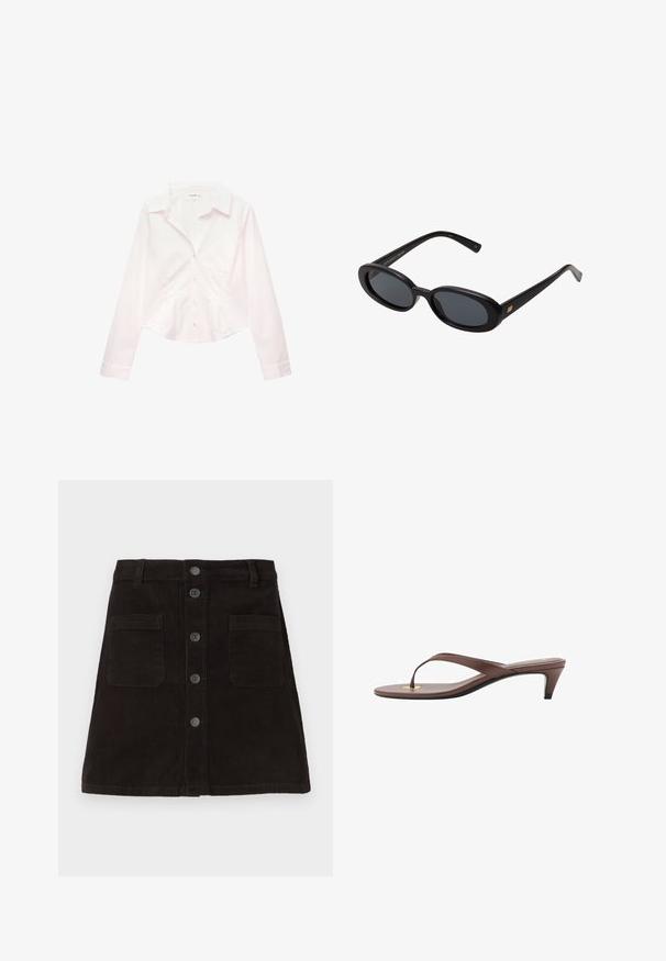 Bílá košile s dlouhými rukávy na knoflíky, s límečkem a přiléhavým pasem, vystavená na bílém pozadí.; Hnědá kordurová sukně ve tvaru A, která má zapínání na knoflíky vpředu, dvě přední kapsy a texturované vertikální pruhy. Standardní pas s poutky na opasek.; Hnědé sandály s podpatkem a tenkým páskem, zaoblenou špičkou a malým zlatým akcentem na stélce.; Černé oversized sluneční brýle s oválnými čočkami, hladkým plastovým rámem a zlatými akcenty na spáncích. Tmavé čočky poskytují ochranu před sluncem.; Růžová kabelka s pleteným madlem, stříbrným kováním, přední kapsou na zip a dlouhými třásněmi po stranách; texturovaný materiál z umělé kůže.