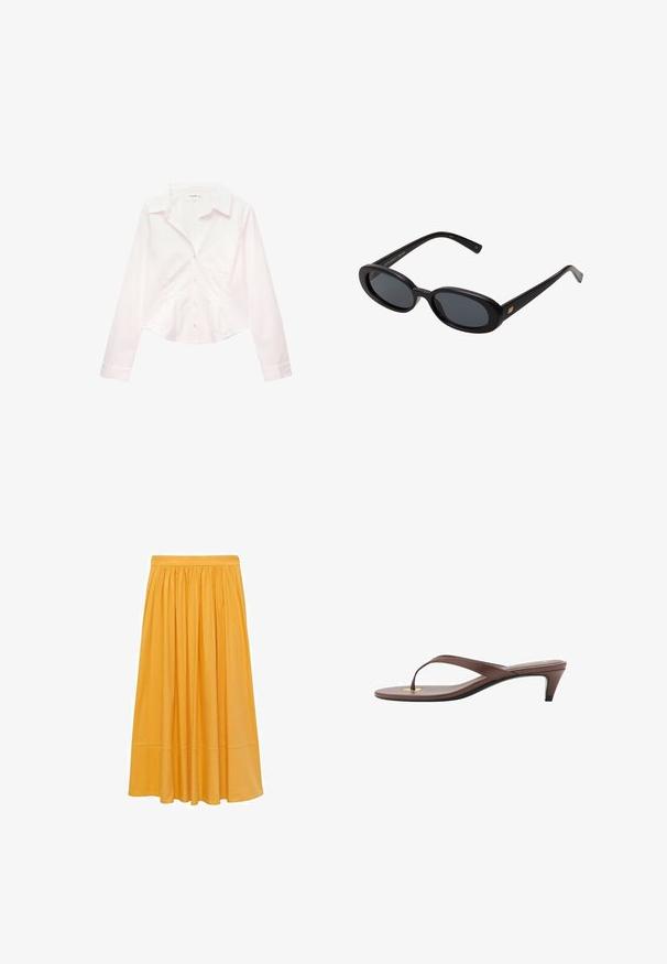 Hvid langærmet skjorte med knapper og krave, med tætsiddende talje, vist fladt på en hvid baggrund.; Sennepsgul midi nederdel, fremstillet af letvægtsstof, har en samlet talje og en flydende silhuet med en glat tekstur og subtil glans.; Brune hælflip-flop sandal med en slank rem og rund tåpost, der har et lille guldaccent på fodsengen.; Store store; Rosa håndtaske med flettet topgreb, sølv hardware, frontlomme med lynlås og lange kvaster på siderne; tekstureret faux lædermateriale.