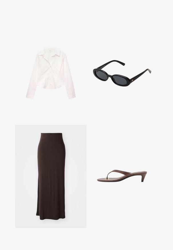 Chemise blanche à manches longues avec un col et une taille cintrée, présentée à plat sur un fond blanc.; Jupe longue et ajustée de couleur marron, fabriquée dans un tissu lisse et extensible, dotée d'une taille haute et d'une fente sur le côté, offrant une silhouette élégante.; Sandale à talons brune avec une fine lanière et un entre-doigts arrondi, arborant un petit accent doré sur le semelage.; Lunettes de soleil noires surdimensionnées avec des verres ovoïdes, monture en plastique lisse et accents dorés sur les tempes. Les verres sombres offrent une protection contre le soleil.; Sac à main rose avec une poignée supérieure tressée, des finitions en métal argenté, une poche zippée à l'avant et de longues franges sur les côtés ; matériau en simili cuir texturé.