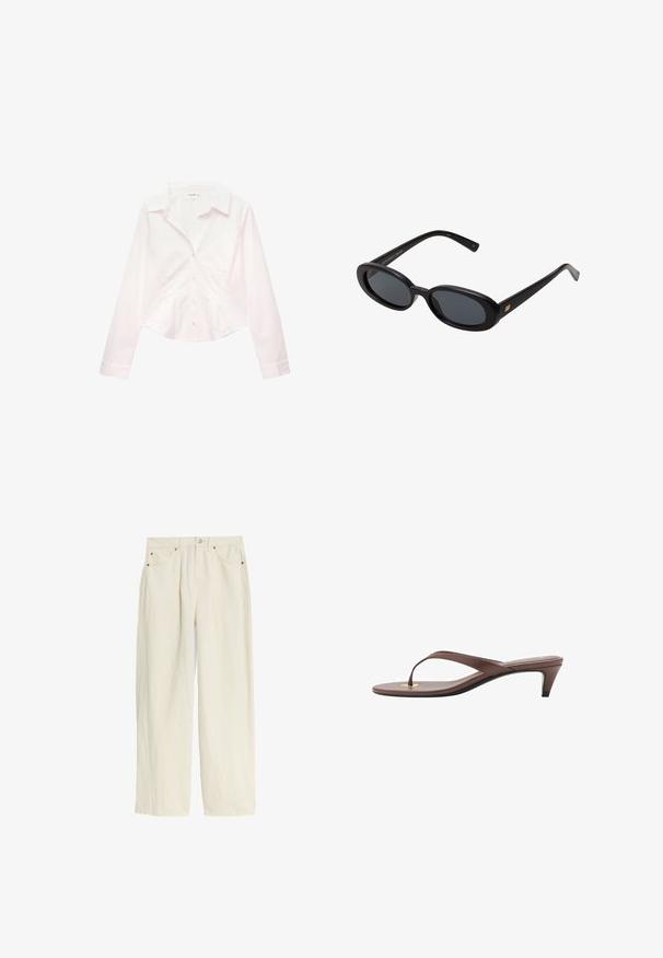 Hvid langærmet skjorte med knapper og krave, med tætsiddende talje, vist fladt på en hvid baggrund.; Lys cremede, brede bukser lavet af tekstureret stof. Har en knaplukning, metalnitter i kobberfarve og fire lommer.; Brune hælflip-flop sandal med en slank rem og rund tåpost, der har et lille guldaccent på fodsengen.; Store store; Rosa håndtaske med flettet topgreb, sølv hardware, frontlomme med lynlås og lange kvaster på siderne; tekstureret faux lædermateriale.
