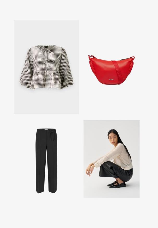 Blouse à motif vichy marron et blanc, avec un design peplum, un col noué à l'avant et de longues manches amples.; Pantalons noirs taille haute avec un détail de ceinture à nouer. Fabriqués en tissu lisse, ils présentent une coupe droite et deux poches avant.; Pull léger beige clair en maille transparente avec des manches bouffantes, associé à un pantalon large en cuir noir et des chaussures noires brillantes avec un détail de sangle.; Sac à épaule en cuir rouge avec une forme arrondie, doté d'une sangle contrastante avec un logo en relief et une fermeture zippée. Texture lisse et matériel minimal.