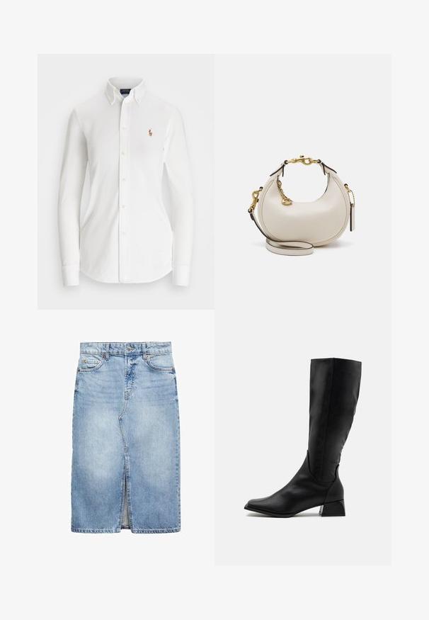 Bílá halenka s dlouhým rukávem a knoflíkovým zapínáním, se špičatým límcem, vyrobená z bavlny. Obsahuje malé vyšívané logo na levé části hrudi.; Džínová sukně světle modré barvy, ke kolenům s předním rozparkem. Obsahuje pět poutek na opasek, dvě přední kapsy a kovové zapínání na knoflík.; Černé kozačky po kolena vyrobené z hladké kůže, se zaoblenou špičkou, skromným podpatkem a elegantním, přiléhavým designem bez zdobení.; Krémová kožená kabelka s půlměsíčním tvarem, zlatými kovovými detaily, černými akcenty a odnímatelným popruhem. Obsahuje řetízkový detail a visačku.