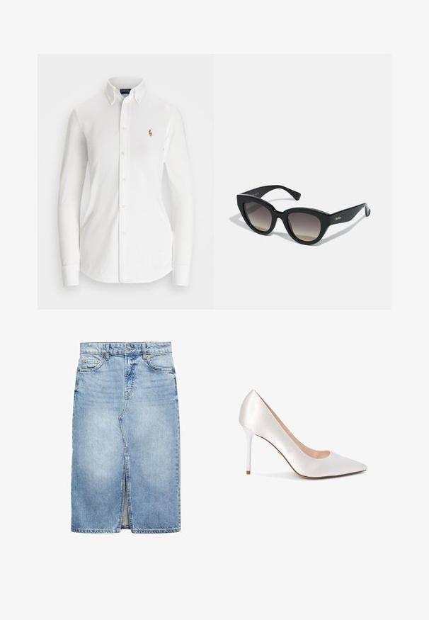 Chemise blanche à manches longues avec col pointu, en coton. Présente un petit logo brodé sur la poitrine gauche.; Jupe en denim bleu clair, midi avec une fente sur le devant. Comprend cinq passants de ceinture, deux poches avant et une fermeture à bouton en métal.; Escarpin à bout pointu en satin blanc, présentant une silhouette élégante et un talon aiguille blanc brillant.; Lunettes de soleil noires en forme d'œil de chat avec une finition brillante, des verres dégradés, des montures larges et le logo "MaxMara" gravé sur le côté.; Sac à main en cuir crème avec une forme de croissant, quincaillerie dorée, accents noirs et une bandoulière amovible. Présente un détail en chaîne et une étiquette.