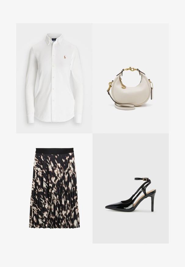 Chemise blanche à manches longues avec col pointu, en coton. Présente un petit logo brodé sur la poitrine gauche.; Jupe plissée avec une large ceinture noire ; motif dans des nuances de noir, crème et marron ; texture lisse avec un design fluide.; Escarpin en cuir verni noir à talon haut, avec un bout pointu, une bride réglable à la cheville et des côtés ouverts. Texture lisse.; Sac à main en cuir crème avec une forme de croissant, quincaillerie dorée, accents noirs et une bandoulière amovible. Présente un détail en chaîne et une étiquette.