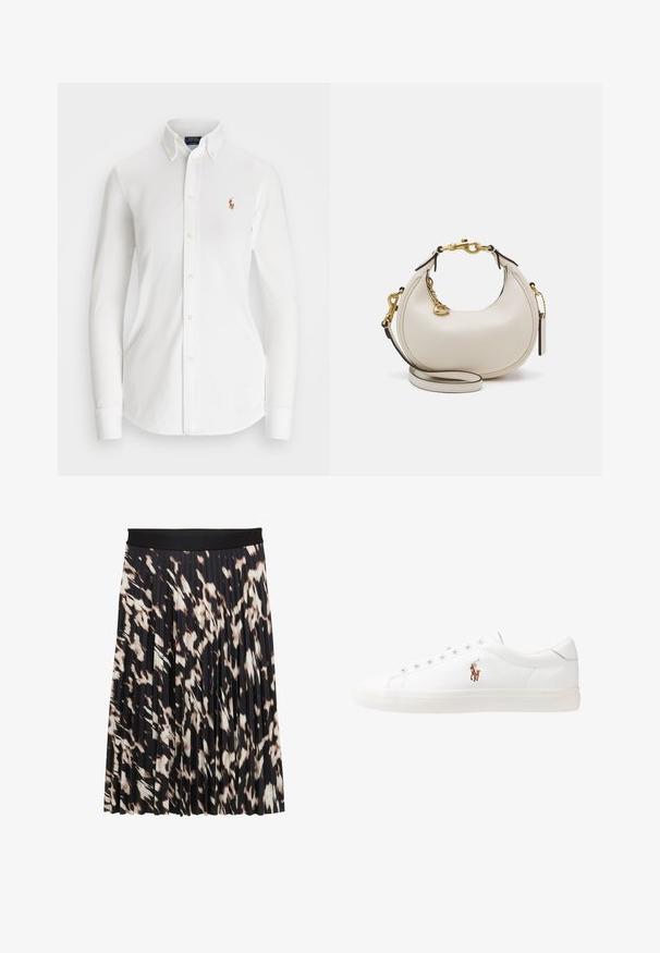 Witte overhemd met lange mouwen en een puntkraag, gemaakt van katoen. Voorzien van een klein geborduurd logo op de linkerborst.; Geplooide rok met een brede zwarte tailleband; bedrukt in tinten zwart, crème en bruin; gladde textuur met een vloeiend ontwerp.; Witte leren sneakers, laag model, met een gladde textuur, ronde neus, vetersluiting aan de voorkant en een klein geborduurd logo aan de zijkant.; Crème leren handtas met een halve maan vorm, gouden hardware, zwarte accenten en een afneembare schouderband. Heeft een kettingdetail en label.
