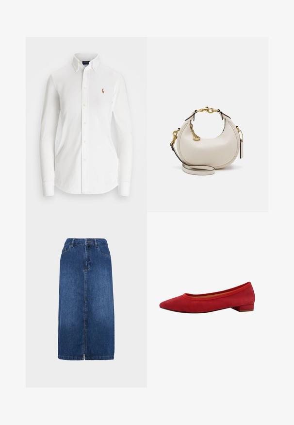 Chemise blanche à manches longues avec col pointu, en coton. Présente un petit logo brodé sur la poitrine gauche.; Jupe en denim bleu foncé avec une coupe droite, de longueur mi-longue, fermeture à boutons à l'avant et détails de coutures subtils. L'ourlet est légèrement effiloché.; Ballerines en suede rouge avec un bout pointu, un petit talon carré, et un bord élastiqué autour de l'ouverture pour un ajustement confortable.; Sac à main en cuir crème avec une forme de croissant, quincaillerie dorée, accents noirs et une bandoulière amovible. Présente un détail en chaîne et une étiquette.