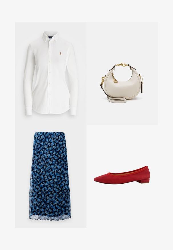 Camicia bianca a maniche lunghe con colletto a punta, realizzata in cotone. Presenta un piccolo logo ricamato sul petto sinistro.; Gonna a fiori navy con motivi di margherite azzurre, tessuto trasparente, orlo a scallop e silhouette dritta.; Ballerine in suede rosso con punta affusolata, tacco basso a blocco e bordo elastico intorno all'apertura per una vestibilità aderente.; Borsa a mano in pelle crema a forma di mezzaluna, con accessori in oro, dettagli neri e una tracolla rimovibile. Presenta una dettagli in catena e un'etichetta.