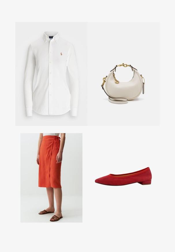 Camicia bianca a maniche lunghe con colletto a punta, realizzata in cotone. Presenta un piccolo logo ricamato sul petto sinistro.; Jimmy Key NORMAL WAIST SLIT - Gonna a campana - orange; Ballerine in suede rosso con punta affusolata, tacco basso a blocco e bordo elastico intorno all'apertura per una vestibilità aderente.; Borsa a mano in pelle crema a forma di mezzaluna, con accessori in oro, dettagli neri e una tracolla rimovibile. Presenta una dettagli in catena e un'etichetta.