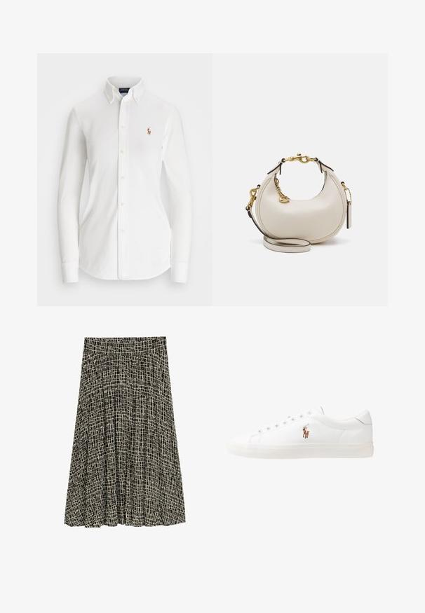 Weißes Langarm-Hemd mit Knöpfen und spitzem Kragen aus Baumwolle. Verfügt über ein kleines gesticktes Logo auf der linken Brust.; TOM TAILOR Maxirock - abstract black grid design; Weiße Leder-Sneaker, niedrig geschnitten, mit glatter Textur, runder Zehenpartie, Schnür vorne und kleinem gesticktem Logo an der Seite.; Cremfarbene Lederhandtasche in Mondform, mit goldenen Akzenten, schwarzen Details und einem abnehmbaren Gurt. Sie verfügt über eine Kettendetail und einen Anhänger.