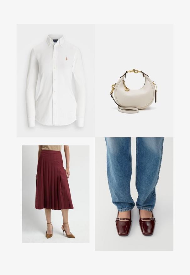 Camicia bianca a maniche lunghe con colletto a punta, realizzata in cotone. Presenta un piccolo logo ricamato sul petto sinistro.; Gonna midi plissettata color borgogna con vita alta, caratterizzata da una superficie liscia e una forma fluente, abbinata a scarpe con tacco alte marroni.; Scarpe in pelle verniciata bordeaux con punta quadrata e cinturino alla caviglia, abbinate a jeans loose-fit di colore blu chiaro. Le scarpe hanno una finitura lucida.; Borsa a mano in pelle crema a forma di mezzaluna, con accessori in oro, dettagli neri e una tracolla rimovibile. Presenta una dettagli in catena e un'etichetta.