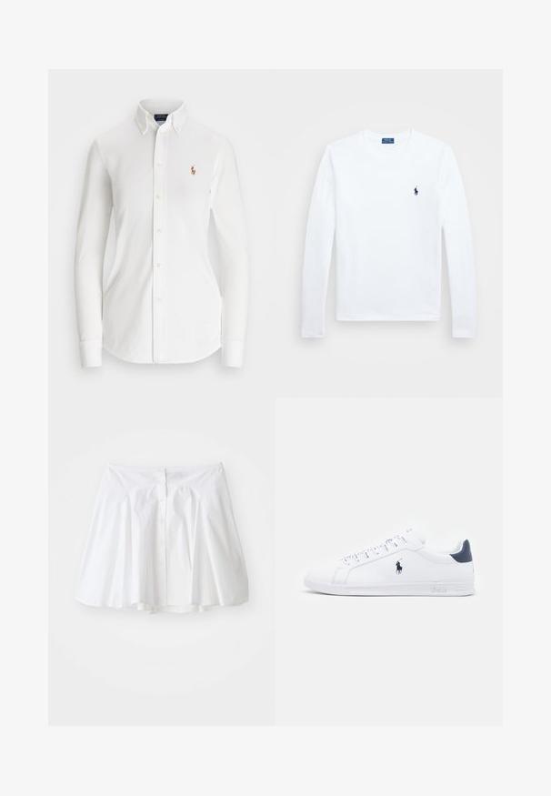 Camisa branca de manga longa com colarinho pontudo, feita de algodão. Apresenta um pequeno logotipo bordado no lado esquerdo do peito.; Camisa de manga longa branca, em material de algodão, com decote redondo, apresentando um pequeno logótipo azul-marinho no lado esquerdo do peito. Design simples, ajuste regular.; Saia branca de algodão com um design evasé, apresentando um fecho de botão na parte da frente e um leve franzido na cintura para dar forma.; Tenis brancos de couro com um acabamento suave, detalhes em azul marinho e um pequeno logotipo na lateral. Possui atacadores planos e sola de borracha texturizada.