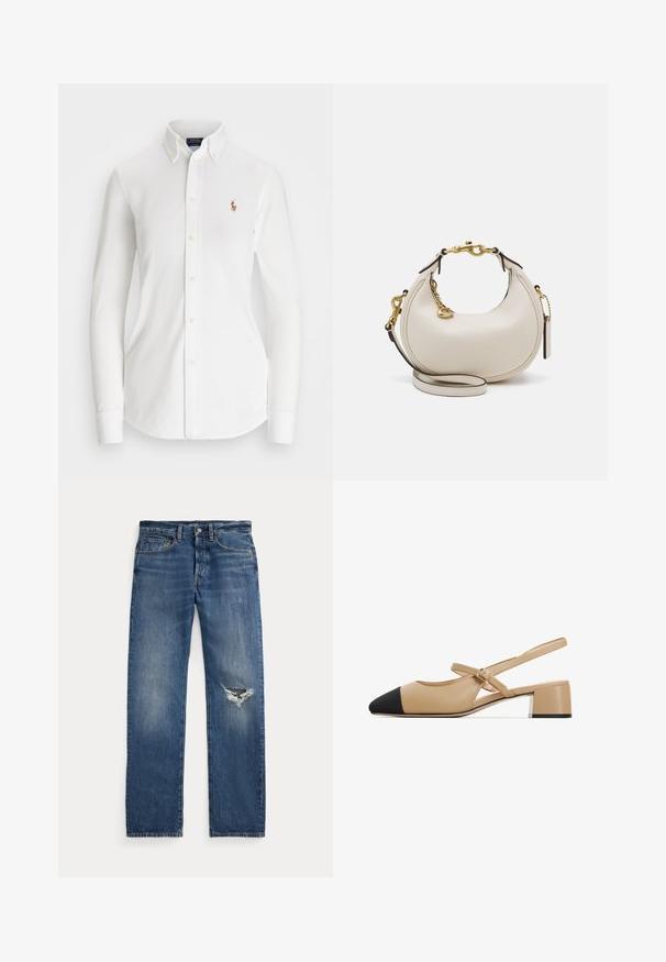 Fehér, hosszú ujjas, gombos ing, hegyes gallérral, pamutból készült. Bal mellen egy kis hímzett logó található.; Kék farmernadrág közepes derékkal, öt zsebbel és egy kitépett részel a jobb térdnél.; Beige bőr slingback cipők fekete hegyes orral, csatos pánttal és alacsony blokk sarkú, az alján ezüst részlettel.; Krém bőr kézitáska hónalj formájú, arany hardware-rel, fekete kiegészítőkkel és levehető pánttal. Lánc részlet és címke jellemzi.