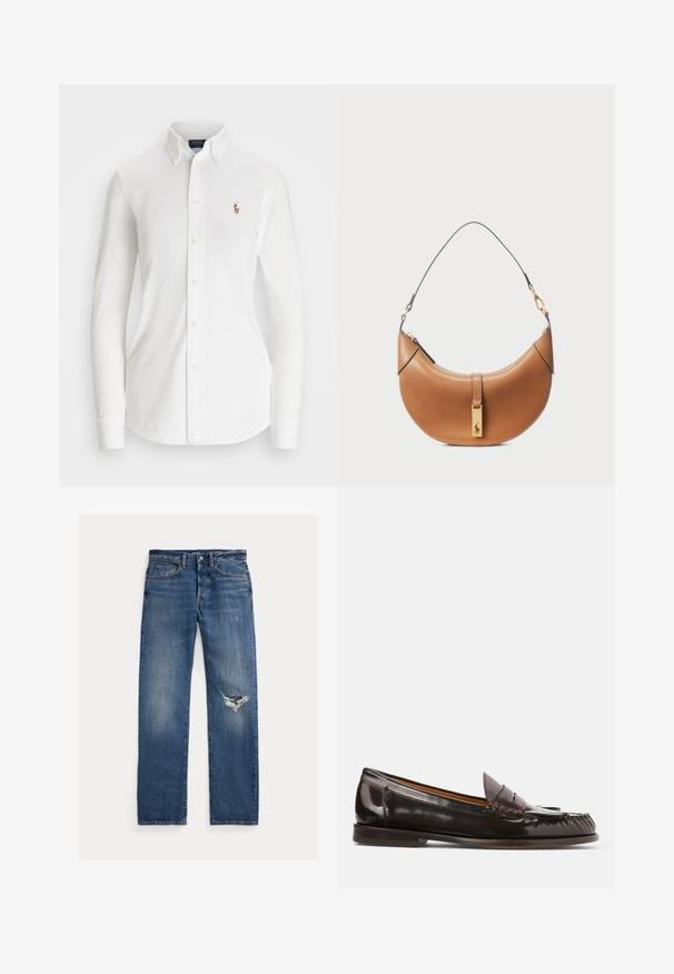 Balts garām piedurknēm pogājams krekls ar norādītu apkakli, izgatavots no kokvilnas. Satur mazu izšūtu logotipu kreisajā krūtī.; Zilās džinsa bikses ar taisnu kāju piegriezumu, kurās ir nolietota zona kreisajā ceļgalā un neliels izbalējums visā audumā.; Polo Ralph Lauren ASHTYN FRINGE TRIM CALFSKIN LOAFER - Mokasīni - ebano/tobacco; Brūnas ādas rokassomi ar izliekta formu, zeltīta aparatūra un plāns plecu siksniņš. Aprīkota ar rāvējslēdzēja aizdari un logo detaļu uz priekšpuses.