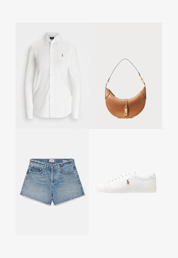 White long-sleeve button-up shirt with a pointed collar, made of cotton. Features a small embroidered logo on the left chest.; Citizens of Humanity ANNABELLE - Denim shorts - gemini/light indigo; White leather sneakers, low-top design, featuring a smooth texture, round toe, laced front, and a small embroidered logo on the side.; Tan leather handbag with a curved shape, gold hardware, and a thin shoulder strap. Features a zipper closure and logo detail on the front.
