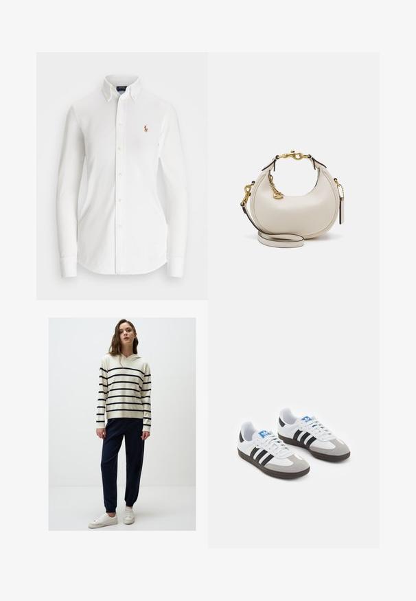 Witte overhemd met lange mouwen en een puntkraag, gemaakt van katoen. Voorzien van een klein geborduurd logo op de linkerborst.; Crème hoodie met marineblauwe strepen, gecombineerd met marineblauwe tapered broek en witte sneakers. Glad textuur, relaxte pasvorm en elastische manchetten.; Sportschoenen met een witte leren bovenkant, grijze suède neus en drie zwarte strepen. Bevat een blauw logo op de tong en een gestructureerde rubberen zool.; Crème leren handtas met een halve maan vorm, gouden hardware, zwarte accenten en een afneembare schouderband. Heeft een kettingdetail en label.