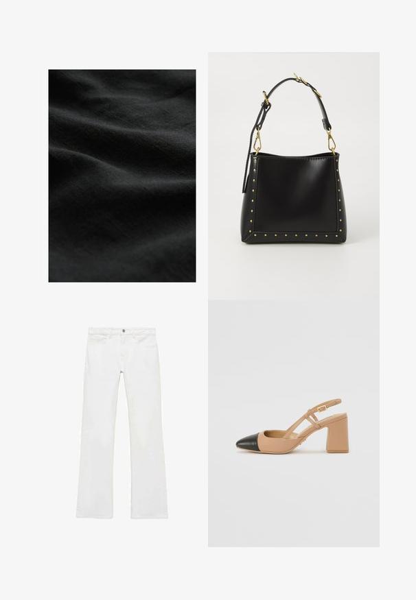 Tessuto nero con una texture liscia e morbida, che presenta sottili pieghe e una finitura opaca. Nessun motivo o accessorio visibile.; Jeans bianchi a zampa d'elefante realizzati in cotone morbido, con cinque tasche, chiusura a bottone metallico e passanti per cintura. Le gambe presentano un leggero dettaglio di rifinitura.; Scarpa beige con cinturino posteriore, punta nera, tacco quadrato alto e due dettagli a striscia, realizzata in materiale liscio.; Borsa a mano in pelle nera con forma strutturata, caratterizzata da borchie dorate lungo i bordi e una tracolla staccabile con dettagli in metallo dorato.; Collana in tonalità oro con una catena spessa con anelli lisci, abbinata a una catena delicata che sostiene un ciondolo a forma di cuore con accenti di pietra.