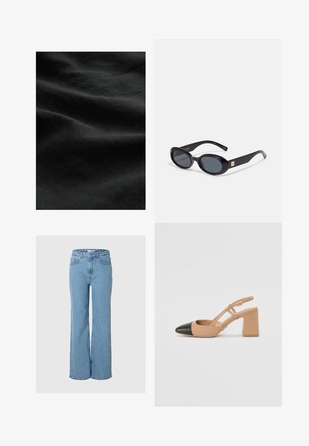 Juodas audinys su lygiu, minkštu paviršiumi, rodančiu subtilius raukšles ir matinį blizgesį. Nėra matomų raštų ar priedų.; Šviesiai mėlyni plačiai kertiniai džinsai, pagaminti iš džinsinio audinio; turi penkias kišenes, aukštą juosmenį ir užtrauktuką su metalinėmis sagomis.; Bežiniai bateliai su juodu uždaru noseliu, kvadratine aukšta kulniuku ir dviem dirželiais, pagaminti iš lygaus aukštos kokybės medžiagos.; Juodos ovalios saulės akinių su tamsiais stiklais, blizgaus plastiko rėmas, plačios kojos ir mažas auksinis akcentas vienoje pusėje.; Juodas odinis rankinės su griežtu pavidalu, su auksiniais kalnų taškeliais aplink kraštus ir nuimamu diržu su auksinėmis detalėmis.; Auksinės spalvos kaklo grandinėlė, turinti storą grandinę su lygiomis jungtimis, derinama su delikačia grandinėle, laikydama širdies formos pakabuką su akmenukais.