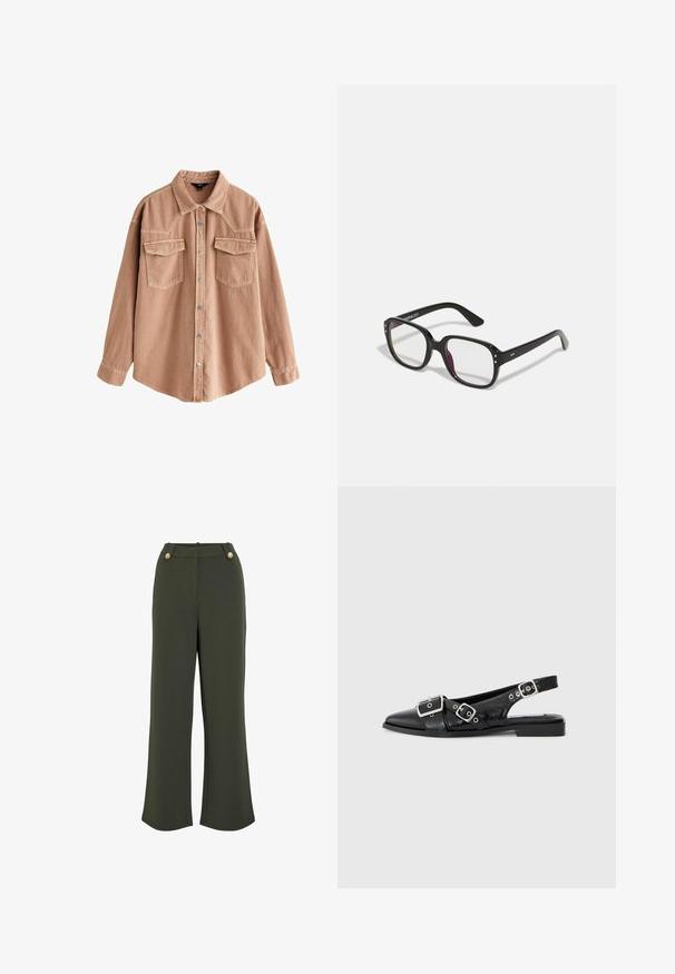 Lichtbruin denimshirt met lange mouwen, een puntkraag, twee voorzakken en zilveren drukknoopjes. Beschikt over een ontspannen pasvorm en een duurzame textuur.; Olijfgroene wijde broek met een gladde textuur, voorzien van twee goudkleurige knopen bij de taille en een strakke, op maat gemaakte silhoët.; Zwart leren slingback schoen met een spitse neus, twee zilveren gespen en een lage blokhak. Bevat een gemêleerde bovenkant en een open achterkant.; Zwarte rechthoekige bril met heldere lenzen, voorzien van afgeronde randen en zijaccenten, met een glanzende afwerking van het montuur en de pootjes.