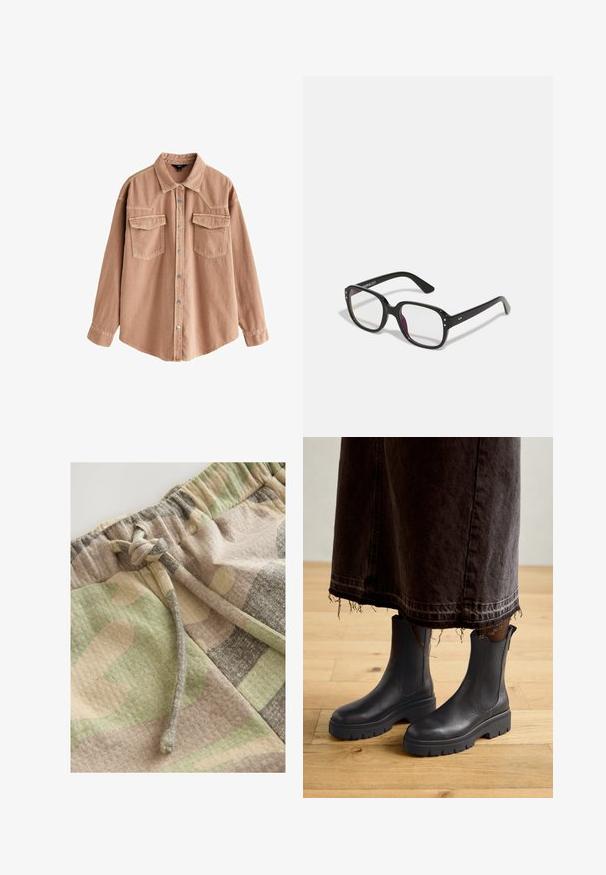 Světle hnědá denimová košile s dlouhými rukávy, špičatým límcem, dvěma předními kapsami a stříbrnými druky. Vyznačuje se volným střihem a odolnou strukturou.; Kraťasy s camo vzorem v kombinaci zelené, béžové a šedé barvy. Mají elastický pas a šňůrku pro nastavitelné nošení.; Černé kožené kotníkové boty s elastickými bočními panely, silnou gumovou podrážkou a zaoblenou špičkou, v kombinaci s tmavou, roztrhanou džínovou sukní.; Černé obdélníkové brýle s průhlednými skly, zaoblenými okraji a bočními akcenty, s lesklým povrchem na rámu a nožičkách.