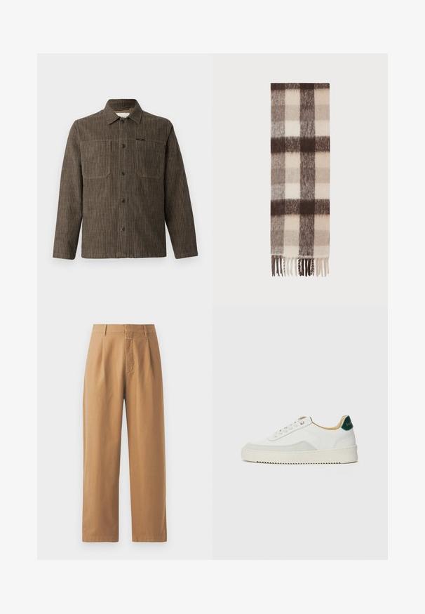 CLOSED WORKER SHIRT - Button down-skjorte - rock beige; Brune, vide benbukser laget av glatt stoff. Har høy midje med legg, beltesløyfer og en enkelt frontlomme.; Hvit sneakers med semsket detaljer, rund tå, flate snøringer og en kremfarget gummisåle. Har grønn merking på hælen.; Ullskjerf med rutet mønster i krem, beige og mørk brun, med frynser på kantene og en myk, teksturert overflate.
