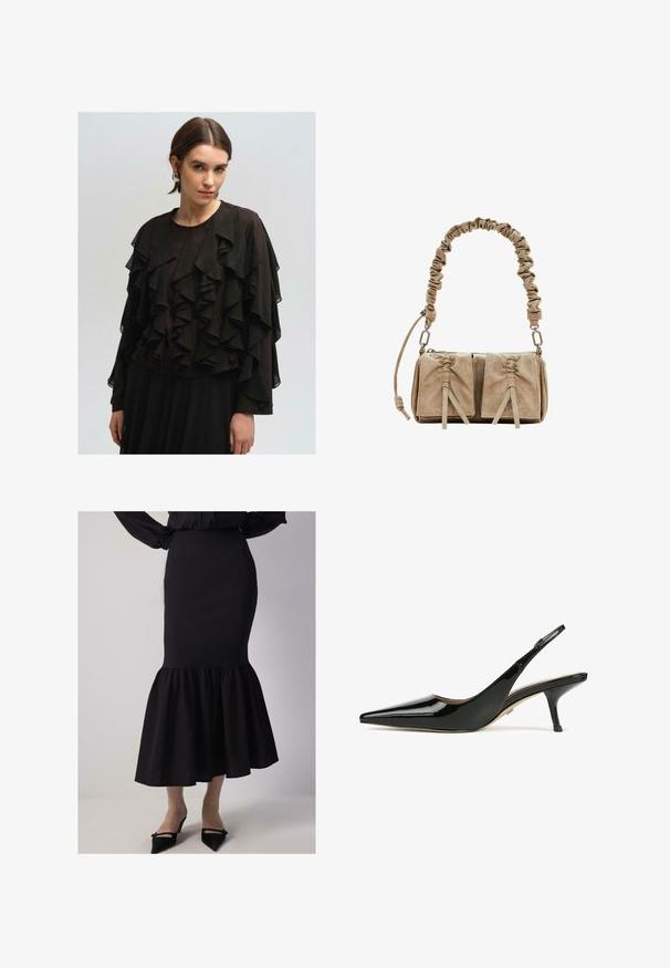 Blusa nera con volant stratificati, realizzata in tessuto leggero. Maniche lunghe, scollatura rotonda e un design fluido. Sottostrato nero uniforme.; Gonna a sirena nera con vita aderente, fondo svasato e tessuto testurizzato. Termina appena sotto il ginocchio con dettaglio a volant.; Scarpa slingback in pelle verniciata nera con punta affilata e tacco a stiletto basso. Presenta una texture liscia e un design minimalista.; Borsa in suede beige con manico in tessuto arricciato, due tasche frontali con chiusura a cordoncino e sottili accenti di texture.