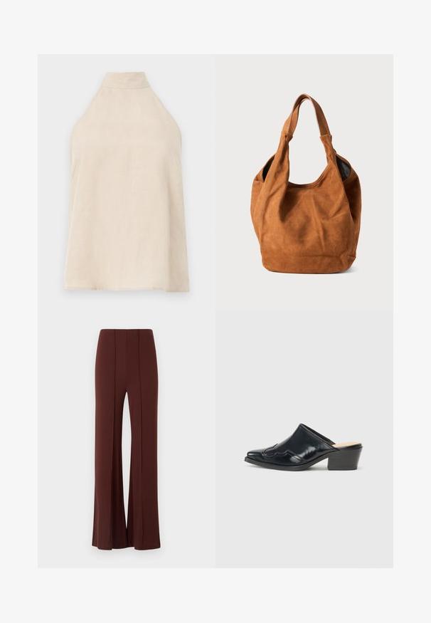 Beige halter top, ærmeløs design, blødt stof med en glat tekstur, høj krave og en A-formet silhuet. Minimalistisk stil.; Brune brede bukser med høj talje, lavet af et glat stof med lodrette sømme foran og en pæn afsluttet kant.; Sorte patenterede lædermuler med spids tå, en buet design og en lav blokhæl, der har dekorativ syning langs overdelen.; Brun ruskind skuldertaske med en blød overflade, buet form og to håndtag. Har et minimalistisk design uden synligt hardware eller dekorationer.