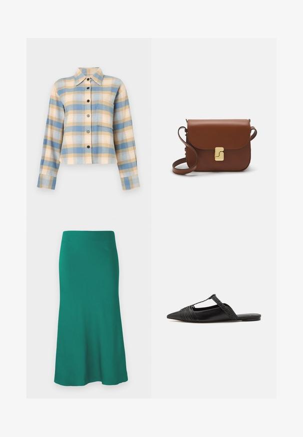 Cămașă în carouri cu guler structurat, având modele în nuanțe de albastru, bej și roz, mâneci lungi și nasturi negri pe față.; O fustă verde, până la genunchi, confecționată dintr-un material neted, având un tiv evazat și o talie ajustată. Fără modele vizibile sau detalii metalice.; Pantofii din piele neagră cu curea la spate au vârful ascuțit, prezentând un accent țesut și un design superior pliat. Talpa joasă cu hardware minim.; Geantă de piele maro cu închidere tip capac, accesorii de culoare aurie, curea de umăr și o textură netedă. Formă compactă și rectangulară.