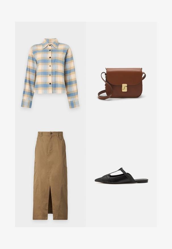 Sirgeeritud kraega plaidsärgid, mis sisaldavad siniseid, beeže ja roosa ruudumustreid, pikad varrukad ning mustad nööbid ees.; Khaki maxi seelik, mis on valmistatud puuvillasegusest kangast, esiservaga lõhik, küljetaskud ja nööbiga kinnitamine taljes. Sile tekstuur.; Must kuulsad nahast kandadega kingad, millel on terav nina, koos kootud detaili ja volditud ülaosaga. Lame tald minimaalse riistvaraga.; Pruunist nahast käekott, millel on klapiga sulgur, kuldne riistvara, õlarihm ja sile tekstuur. Kompaktne ristkülikukujuline vorm.