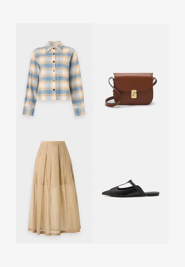 Károvaná košeľa so štruktúrovaným golierom, s modrými, béžovými a ružovými vzormi, dlhými rukávmi a čiernymi gombíkmi na prednej strane.; Béžová midi sukňa s plisovaním, vyrobená z ľahkého materiálu. Priehľadný overlay so pevným lemom, ktorý ponúka plynulý siluetu.; Čierne kožené sandále so špičatou špičkou, ktoré majú tkaný detail a zborený dizajn vrchnej časti. Plochá podrážka s minimálnym hardvérom.; Hnedá kožená kabelka s klopou, zlatými kovovými prvkami, ramenným popruhom a hladkým povrchom. Kompaktný obdĺžnikový tvar.